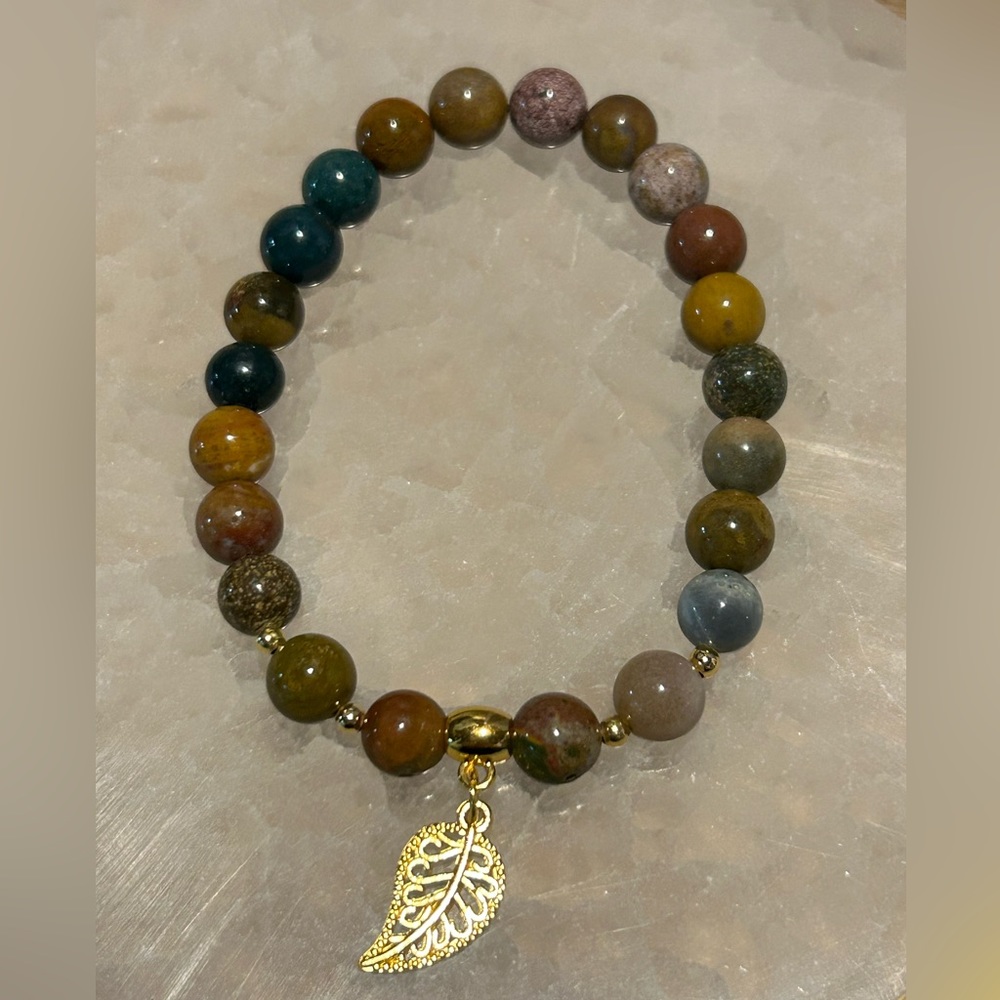 Handmade bracelet ocean jasper and leaf charm